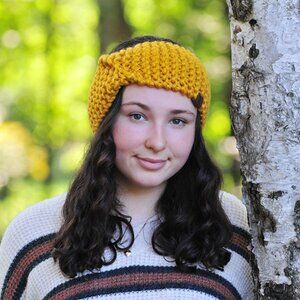Handmade Mustard Yellow Ear Warmer, Hand Knit Headband Made in Canada